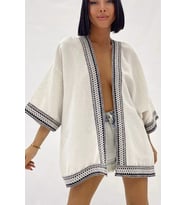 Kadın Kısa Kol Nakış İşlemeli Keten Kimono (Taş)