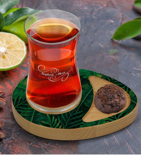 BK Gift Kişiye Özel Yapraklar Tasarımlı Doğal Ahşap Tabaklı Heybeli Çay Bardağı Sunum Seti Model 10
