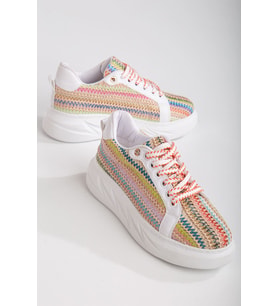 Mavis Beyaz - Renkli Kalın Tabanlı Hasır Detaylı Sneakers (Karışık)
