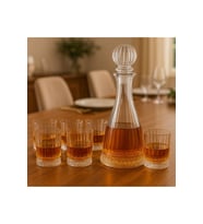 7 Parça Kristal Viski Seti, Çizgi Desenli Karaf ve 6 Kristal Bardak