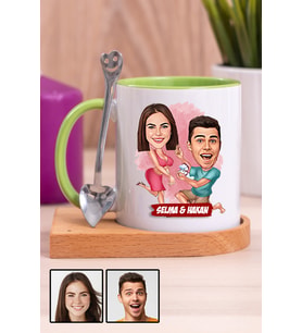 Sevgiliye Hediye Benimle Evlenir Misin  Karikatürlü Ahşap Altlıklı Yeşil Kupa Bardak