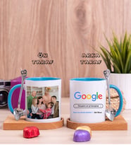 Hemşireye Hediye Google Tasarım Fotoğraflı Ahşap Altlıklı Mavi Kupa
