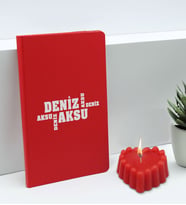 BK Gift Kişiye Özel İsimli Kırmızı Defter ve Kokulu Kalp Mum Hediye Seti-9, Sevgiliye Hediye, Arkadaşa Hediye