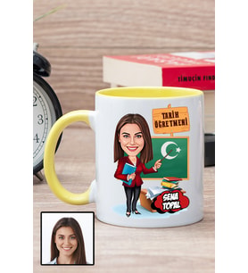 Kadın Tarih Öğretmenine Hediye Karikatürlü Sarı Kupa Bardak
