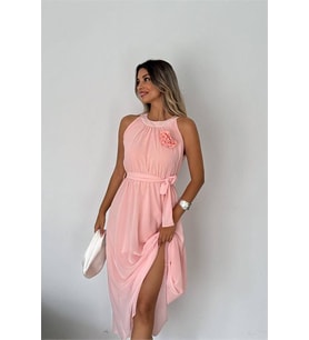 Neşeli butik kadın gül broş detaylı uzun şifon elbise NBK2144 (Pudra)