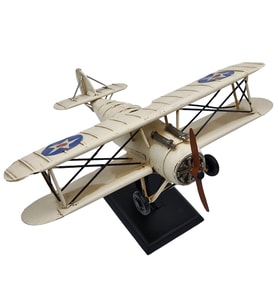 Vintage Krem Askeri Biplane Uçak Modeli Standlı - Dekoratif Metal
