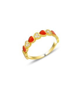 Gümüş altın yaldızlı zirkon taşlı alttan ayarlanabilir kırmızı mineli kalp yüzük SGTL12311GOLD (Rose)