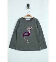 Toontoy Kız Çocuk T-Shirt Flamingo Nakış (Antrasit Melanj)