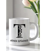 Kişiselleştirilebilir T Harfi Tasarımlı 330ml Baskılı Beyaz Seramik Kupa Bardak (Siyah Beyaz Baskili)