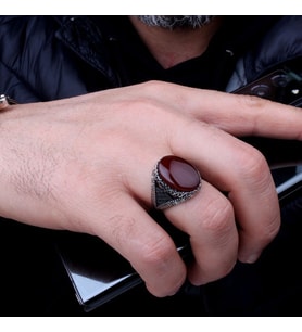 Akik Taşlı Oval Model 925 Ayar Gümüş Erkek Yüzük (Gri)