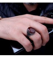 Akik Taşlı Oval Model 925 Ayar Gümüş Erkek Yüzük (Gri)