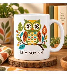 Kişiye Özel İsimli Retro Sonbahar Temalı Baykuş Tasarımlı Seramik Kupa Bardak