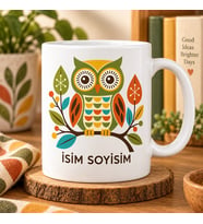 Kişiye Özel İsimli Retro Sonbahar Temalı Baykuş Tasarımlı Seramik Kupa Bardak