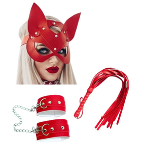Mulvxbrf Brf02  Deri  Kırmızı Kedi Maske Kelepçe Kırbaç Seti ( 3'Lü Set) (Mulvix)