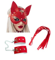 Mulvxbrf Brf02  Deri  Kırmızı Kedi Maske Kelepçe Kırbaç Seti ( 3'Lü Set) (Mulvix)
