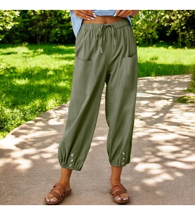 Beli Lastikli Düğmeli Keten pantolon (Haki)