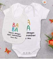 BK Kids Kişiye Özel Baba Tasarımlı Bebek Body Zıbın ve Mama Önlüğü Hediye Seti - Model 2