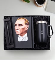 Kişiye Özel Siyah Mat Roller Kalem & Mustafa Kemal Atatürk Resimli Defter & Atatürk İmza Baskılı 280 ML Kulplu Çelik Termos Hediye Seti