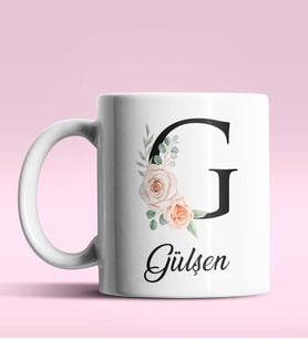 Kişiye Özel G Harfi Temalı Gül Tasarım Beyaz Renk Kupa