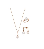 Burgulu Zirkon Taşlı Doğal İnci Küpe Kolye Yüzük Üçlü Set (Rose)