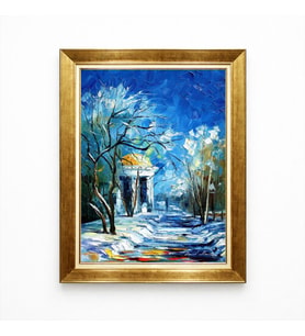 Tablore Leonid Afremov Tarzı Kış Manzarası Gold Çerçeveli Tablo Mavi Yoğunluklu Yağlıboya Dokulu Salon Tablosu