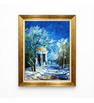 Tablore Leonid Afremov Tarzı Kış Manzarası Gold Çerçeveli Tablo Mavi Yoğunluklu Yağlıboya Dokulu Salon Tablosu