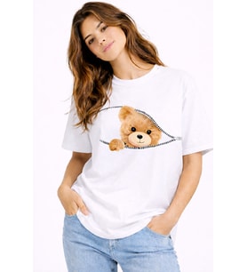 Fermuarlı Ayıcık Baskılı Kadın Tişört Oversize Sevimli Teddy Bear Baskılı Pamuk T-Shirt (Beyaz)