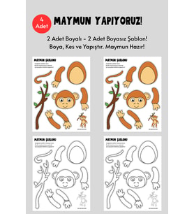 Maymun Şablonu, 4 Adet A4 Boyut, Kalın Kağıt.