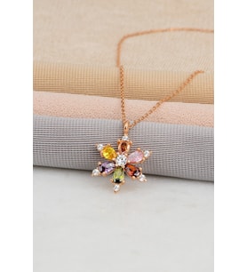 925 Ayar Gümüş Zincirli Rose Kaplama Mix Taşli Lotus Kamelya Çiçeği Kolye