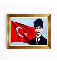 Tablore Türk Bayraklı Kalpaklı Atatürk Gold Çerçeveli Tablo - Atatürk ve Şanlı Türk Bayrağı Tablosu