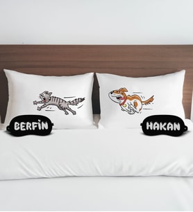 BK Gift Kişiye Özel Eğlenceli Kedi Tasarımlı Pamuklu Yastık Kılıfı ve Göz Bandı Çift Uyku Seti-1, Tasarım Ev Tekstili, Uyku Bandı, Ev Hediyesi