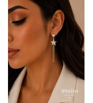 İpekish Yıldız Figürlü Zincir Sallantılı Gold Renk Zirkon Taşlı Kadın Küpe Şık Çelik Küpe