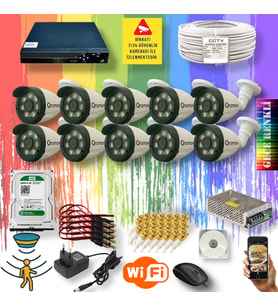 10 Kameralı Set - Gece Renkli Gösteren Hareket Algılayan 5 Mp Sony Lensli 1080p Full Hd Güvenlik Kamerası Seti 3908w
