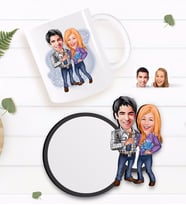 BK Gift Kişiye Özel Sevgililer Karikatürlü Beyaz Kupa ve Ahşap Bardak Altlığı Hediye Seti-50