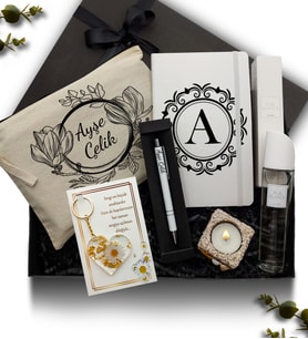 Kişiye Özel Kanvas Makyaj Çantası & Defter & Avon Kadın Parfüm & Anahtarlık & Mum & Kalem Hediye Seti
