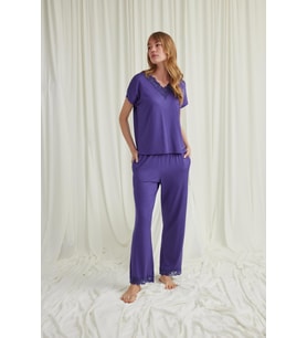 Monamise Kadın Kısa Kollu V Yakalı Dantelli Pijama Takımı 18569 