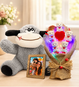 Kişiye Özel Fotoğraflı Renkli LED Ayıcık Buketi ve Peluş Eşek Sevgiliye Kadına Hediye