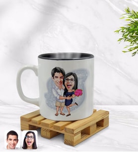 BK Gift Kişiye Özel Sevgililer Karikatürlü İçi Siyah Renkli Kupa Bardak Model 108
