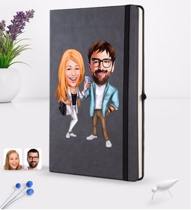 BK Gift Kişiye Özel Sevgililer Karikatürlü Siyah Termo Deri Defter 16x24cm Model 93