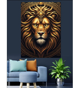 Altın Aslan Başı Kabartma Dekoratif Kanvas - Mdf Ahşap Tablo