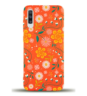 Samsung Galaxy A70 Uyumlu Lansman Kılıf Çiçek Tasarımlı İçi Kadife Kapak-Turuncu (Şeffaf)