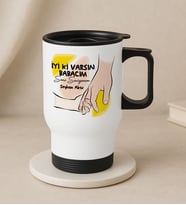 BK Gift Kişiye Özel Babalar Günü Tasarımlı Kulplu Beyaz Çelik Bardak Termos Mug 450ml-7, Babalar Günü Hediye, Babaya Hediye (Metal)