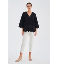 Peraluna HİROMİ BLOUSE %100 Pamuk V Yaka 3/4 Çan Kol Yazlık Kadın Bluz - Siyah