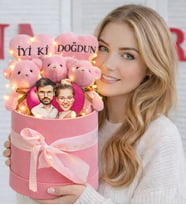 Sevgililer Gününe Özel İyi ki Doğdun Tasarımlı Led Işıklı Pembe Peluş Ayıcık Karikatür Sepeti