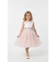 Kız Çocuk Elbise -Saten Tüllü Kumaş-Kuşak ve Fiyonk Detaylı 2-8 Yaş 12517 MODANINO (Pembe)