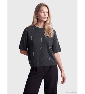 LCW Vision Gri Taşlı Oversize Kadın Triko Kazak