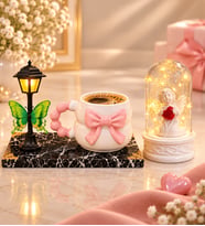 Sokak Lambalı 3D Pembe Fiyonklu Kupa Bardak ve LED Işıklı Kalpli Beyaz Melekli Fanus Seti