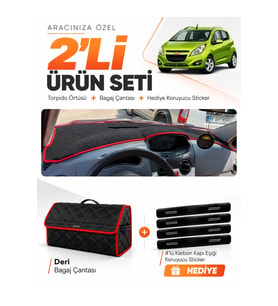 CHEVROLET SPARK (2009-2015) Uyumlu Torpido Örtüsü + Deri Bagaj Çantası + Sticker Seti - Siyah Kırmızı