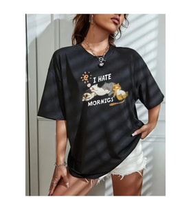 Bisiklet Yaka Baskılı Oversize T-Shirt - Siyah
