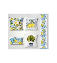Jungle Halı Bahar Yaz Kırlent Set Vintage Nostaljik Seramik Limon Desenli Mavi 4lü Kırlent Kılıfı Ve Runner Set verona11